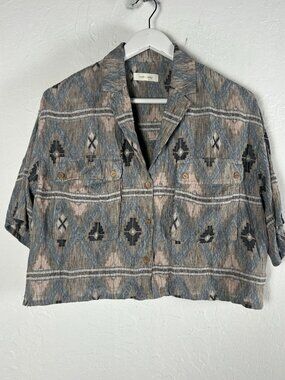 Cleo + Wolf Womens Aztec Pattern Crop Shirt Jacket Large Gray Blue Lightweight